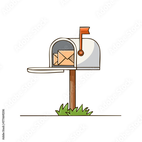 Hand drawn cartoon illustration of an open mailbox with letters inside and flag up