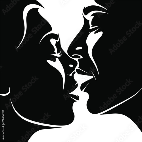 Two faces kissing abstract black and white couple