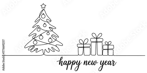 Continuous line art illustration of a festive christmas tree decorated with ornaments and a star, standing beside a group of wrapped presents, with 'happy new year' text.