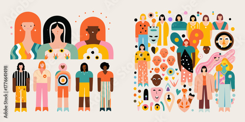 Diverse group of people and faces in a modern abstract flat illustration style