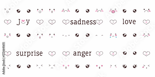Collection of cute kawaii faces and emotions with text labels like joy sadness love and surprise