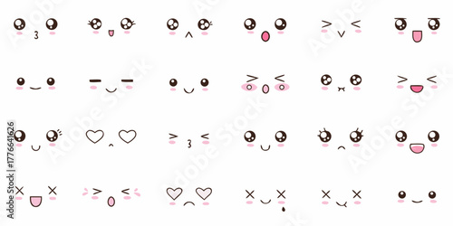 Collection of cute kawaii japanese anime style faces expressing various emotions and feelings