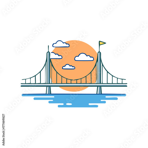 Line art illustration of a suspension bridge crossing water with bright sun and clouds