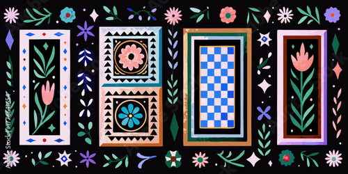 Whimsical folk art border with flowers and geometric patterns on black background