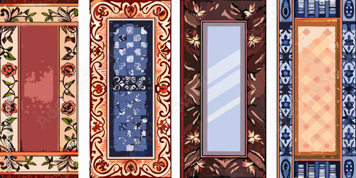 Collection of four decorative vertical panels with ornate borders and textured fills in various styles