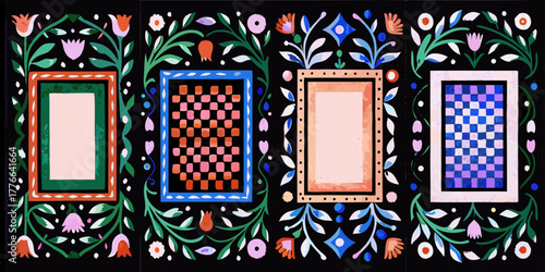 Four decorative frames with floral motifs and checkered patterns on a black background