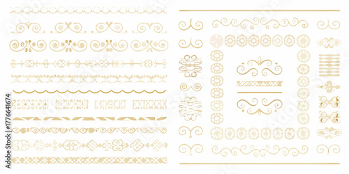 Collection of elegant decorative borders and ornaments in a vintage golden beige color palette