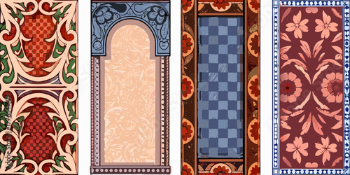 Collection of four ornate decorative panels featuring intricate patterns and floral motifs in rich colors