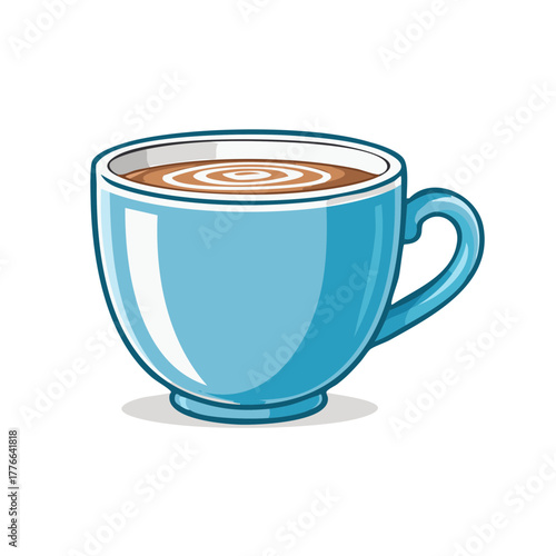 Cartoon blue coffee cup with coffee illustration on white backdrop