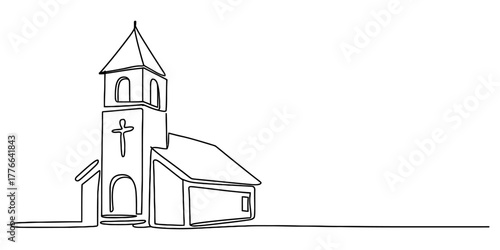 Continuous single line art drawing of a minimalist modern church building with steeple and cross, symbolizing faith, spirituality, and community, isolated vector illustration.