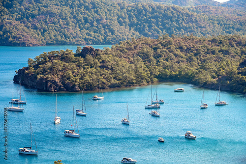 Fototapeta Naklejka Na Ścianę i Meble -  A hidden gem of Marmaris: Inbuku Bay.
The captivating combination of nature, clear blue sea, fresh air, and stunning views provides a perfect getaway. 