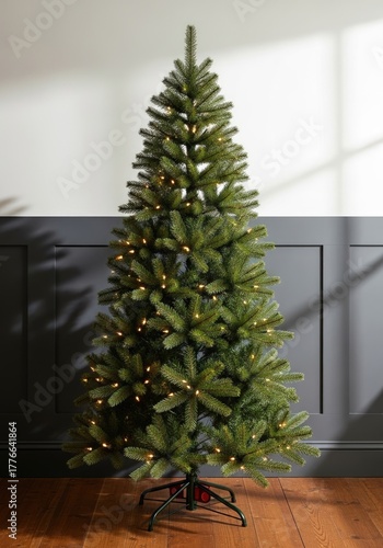 Illuminated evergreen Christmas tree with green stand against gray and white panel wall