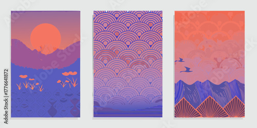 Three panels of abstract japanese inspired art with mountains sun clouds and birds in gradient colors
