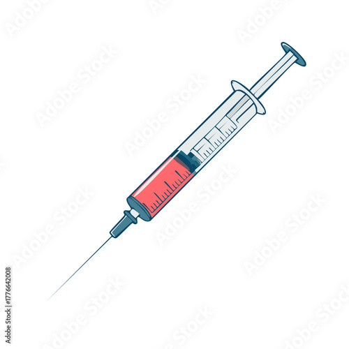 Medical syringe filled with red liquid and a needle ready for injection
