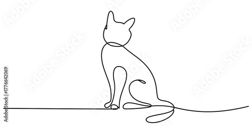 Abstract minimalist one line art drawing of a domestic cat sitting gracefully, viewed from behind or side, with a continuous single stroke on a clean background.
