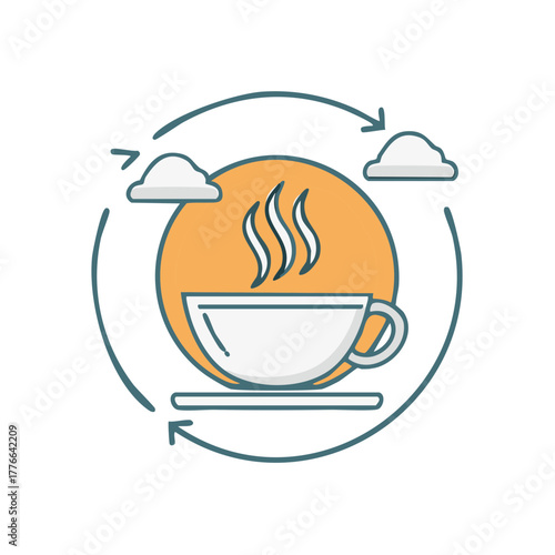 Conceptual illustration featuring a cup of hot beverage with steam clouds and cyclical arrows expressing movement and refreshment