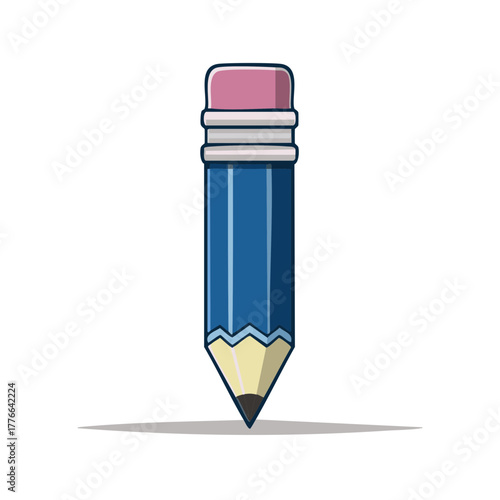 Illustration of a sharpened blue pencil with eraser for writing and drawing