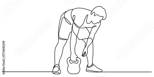 A single continuous line drawing of a man bending down to lift or hold a kettlebell, representing strength training, fitness, exercise, and active lifestyle.