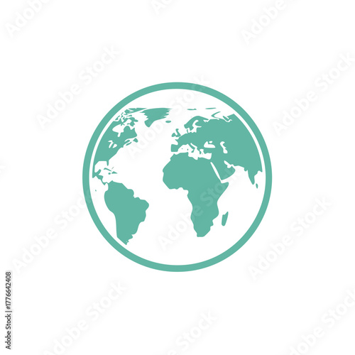 Abstract flat design earth globe icon in teal green, symbolizing global connection and world continents.
