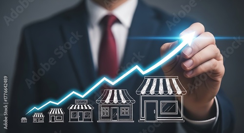 Dynamic business growth visualized with upward arrow graph charting success from small shops to expanding enterprise.