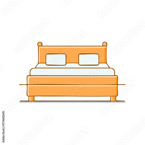 Flat Design Vector Illustration of a Cozy Double Bed with Orange Frame and White Pillows