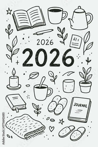 Simple Joys 2026 – Hand Drawn Cozy Vector Set of Reading, Coffee, and Journaling