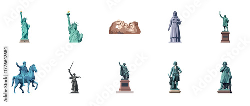 Famous world statues collection: liberty, mount rushmore, historic monuments