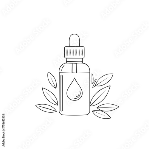 Line art drawing of a dropper bottle with a drop inside surrounded by leaves herbal essence for skincare or aromatherapy