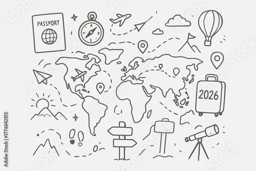 World Map Travel Routes 2026 – Hand Drawn Black and White Vector Sketch of New Year Adventure and Dream Journey