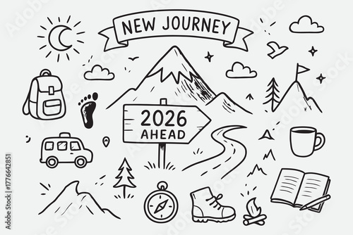 Mountain Road 2026 Ahead – Hand Drawn Black and White Vector Sketch of New Journey Adventure