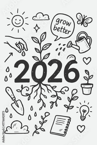 Seeds and Roots of Growth 2026 – Hand Drawn Black and White Vector for Personal Development