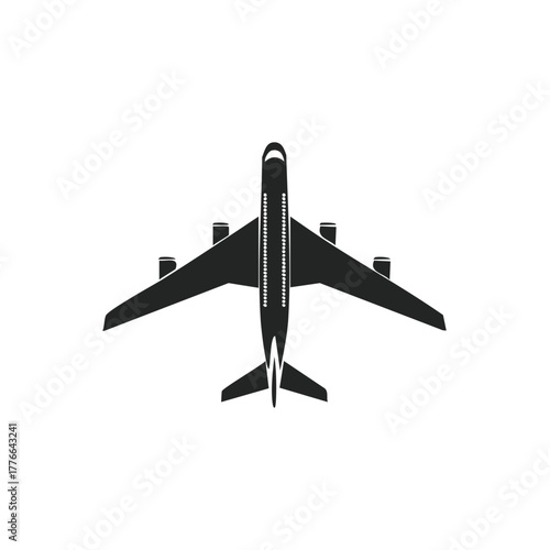 Minimalist Black Airplane Icon Top View, Modern Aviation Travel Symbol