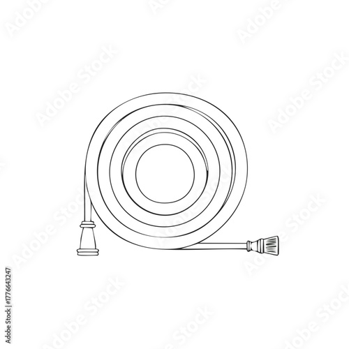 Coiled garden hose with nozzle and connector line art illustration for watering and utility tasks
