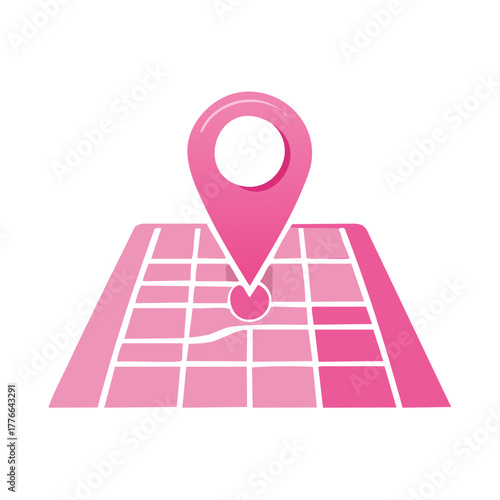 Pink Map and Pointer Icon, Route Location Finder, Road Directions, Travel