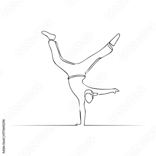 Single continuous line drawing of a breakdancer balancing on one hand with legs extended in dynamic pose