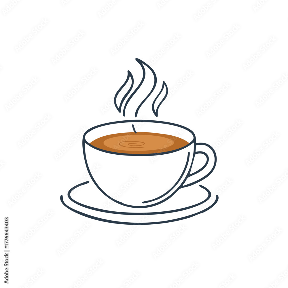 Obraz premium Hot cup of coffee illustration steaming from porcelain mug sitting on saucer morning drink doodle drawing graphic