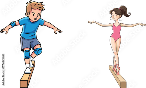 Boy balancing on beam with protective gear and girl performing ballet pose, children activity illustration showing balance, coordination, sport, dance, focus