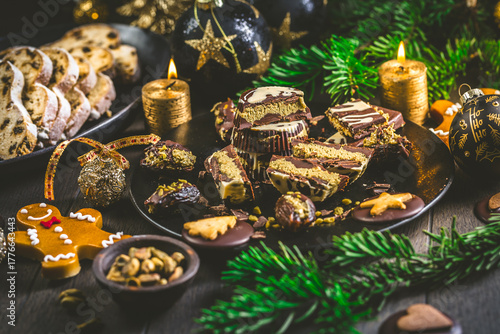 Dubai chocolate pralines with pistachio cream and Christmas cookies