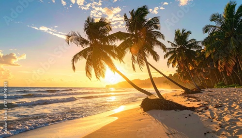 Dramatic Orange Pink Sunset Over Tropical Lagoon With Palm Trees Silhouetted Against Mountains and Reflecting Sky on Sandy Beach
