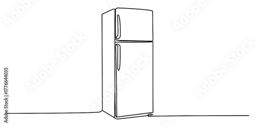 Continuous line drawing of a modern two-door refrigerator, a minimalist kitchen appliance concept on a clean white background, simple vector illustration artwork.