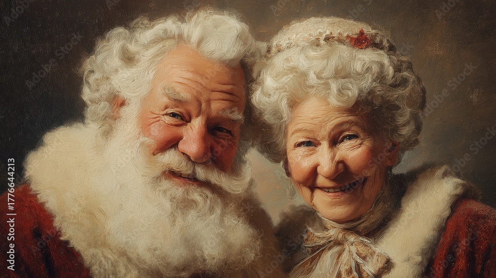 Naklejka premium smiling vintage santa portrait jolly wife mrs festive happy father couple christmas claus retro elderly white hair painting illustration smile saint nicholas holiday cheer happiness joy beard curly