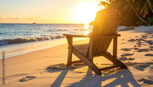 Empty Wooden Adirondack Chair on Sandy Beach During Golden Hour Sunset with Gentle Waves and Palm Trees in the Background