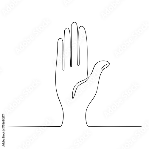 Minimalist line art of a single open hand gesturing stop or welcome against white