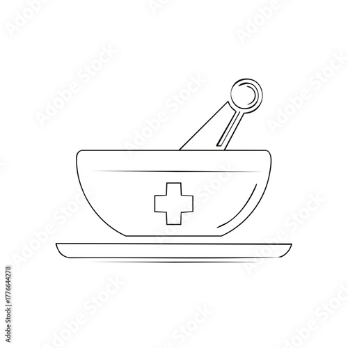 Pharmacy Mortar Pestle Line Art Symbol for Health Medicine and Alternative Herbal Remedies Preparation and Blending