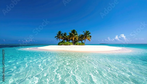 Footprints Trail Across Pristine Tropical Beach Leading To Turquoise Ocean Water And Small Island With Palm Trees Under Clear Blue Sky