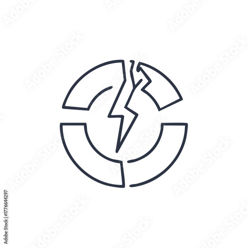 Abstract circular graphic with lightning bolt striking the center breaking the circle