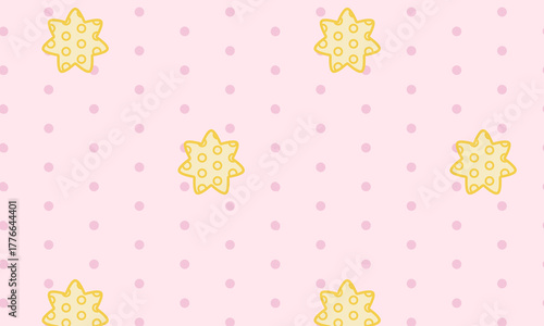 Vector seamless pattern with sprinkle yellow stars and pink dots, nursery good night pajamas print in pastel color , texture, illustration