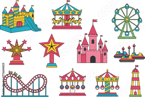 Amusement park attractions, Ferris wheel, carousel, bumper cars, inflatable castle, roller coaster, swing ride, funfair icons, entertainment, colorful illustration