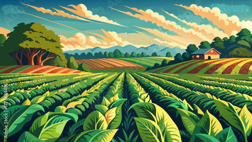 Very beautiful landscape of a tobacco field in Kentucky, showcasing neatly arranged rows of lush green tobacco plants under a bright sunny sky, capturing the essence of rural American farmland.