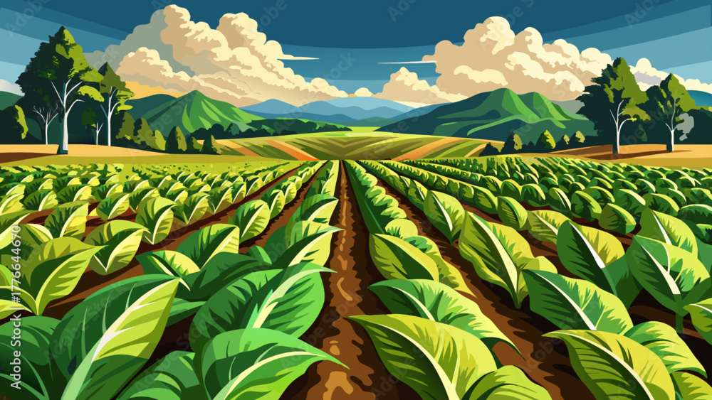 Obraz premium Very beautiful landscape of a tobacco field in Kentucky, showcasing neatly arranged rows of lush green tobacco plants under a bright sunny sky, capturing the essence of rural American farmland.